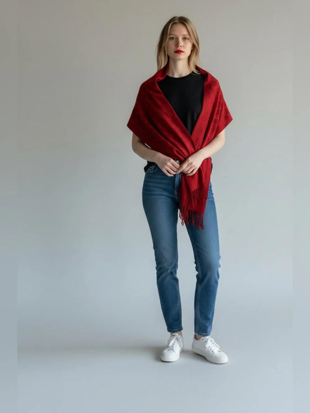 Gucci Red Fringe Wrap Scarf - Luxe Lightweight Shawl
